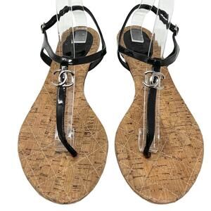 Chanel Black Patent Leather Cork Sole Thong‎ Sandals Size EU 40.5